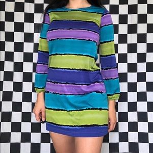 Vintage 90s Green, Blue, & Purple Striped Color Block 60s Mod Style Mini Dress